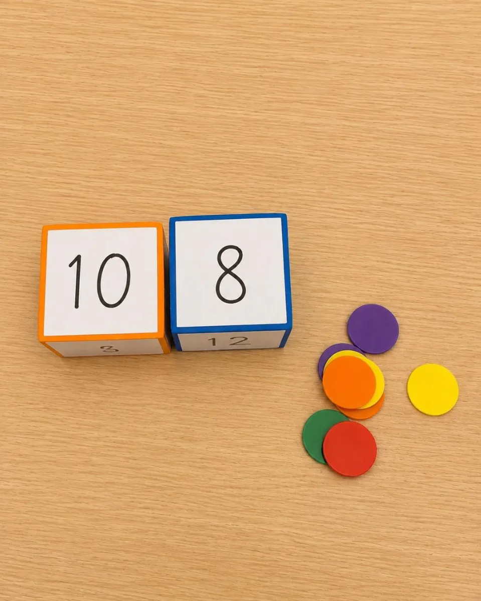 Number dice and coloured counters for a maths game