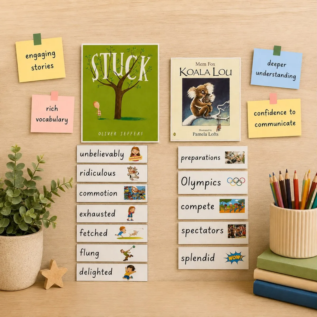 Picture books and word cards ready for a tutoring lesson