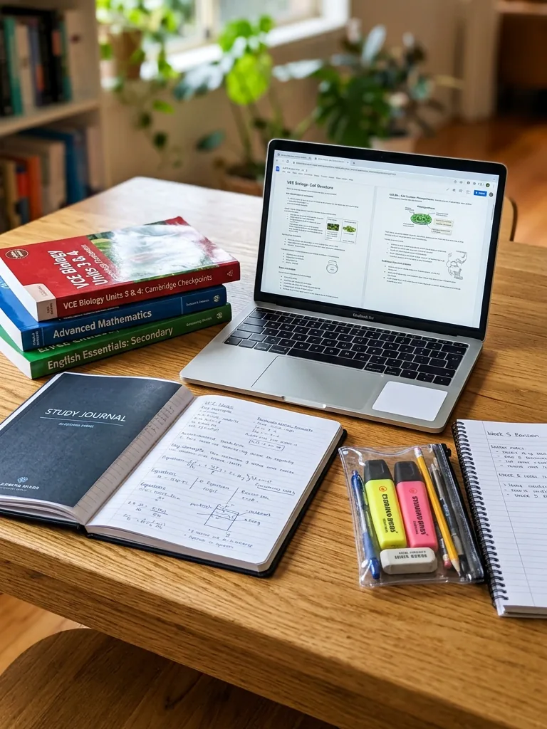 A study desk with VCE textbooks, a laptop and a study journal