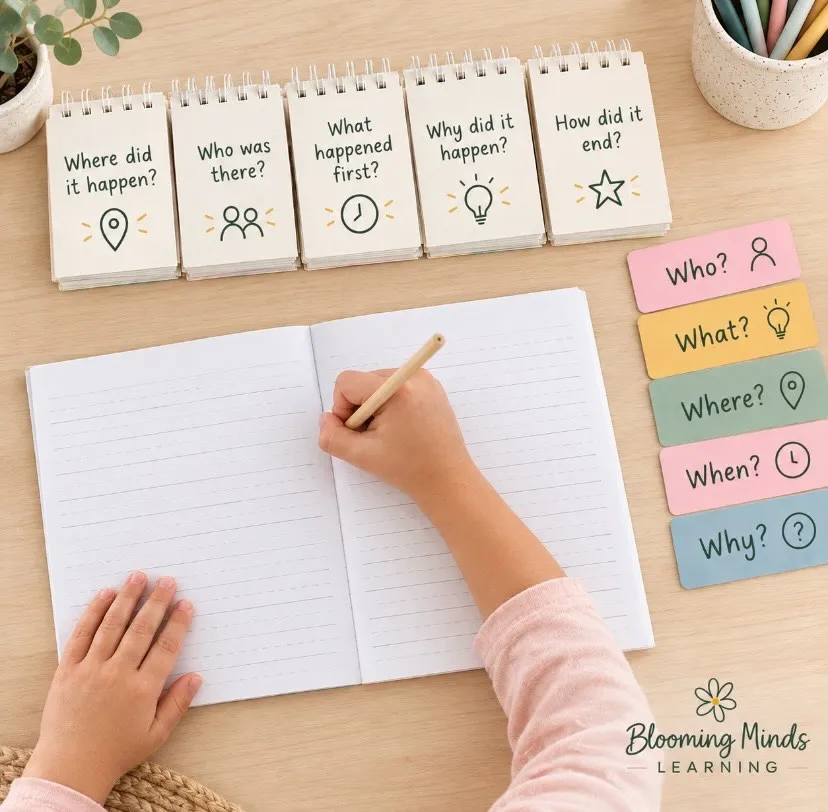 A child writing in a lesson, using who, what, when, where and why prompts